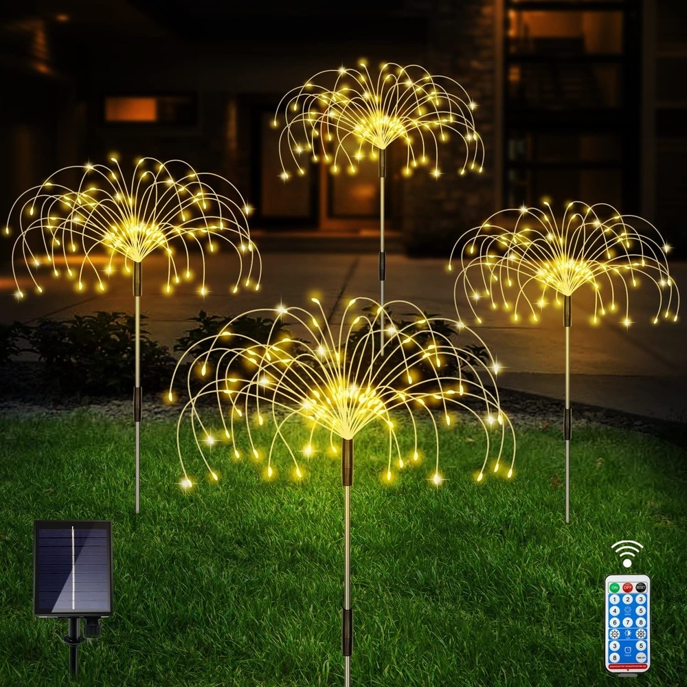 Solar Outdoor Warm White Garden Lights, 4 Pack Firework With 120 LED Starburs...