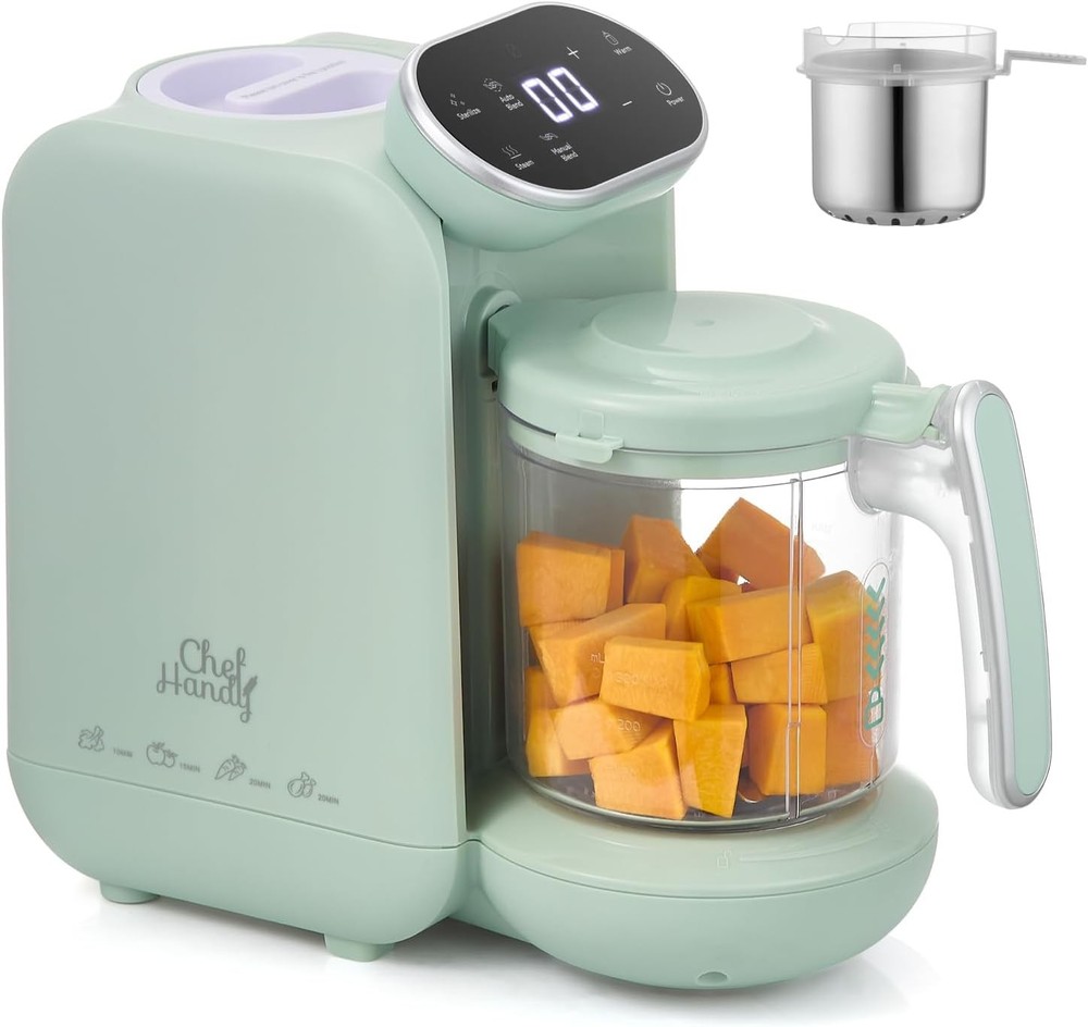 5-in-1 baby food processor, equipped with stainless steel steaming basket.