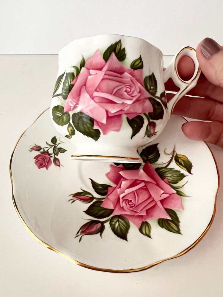 Vintage Rosina England ENGLISH ROSES Dark Pink Rose Gold Gilt Cup Saucer