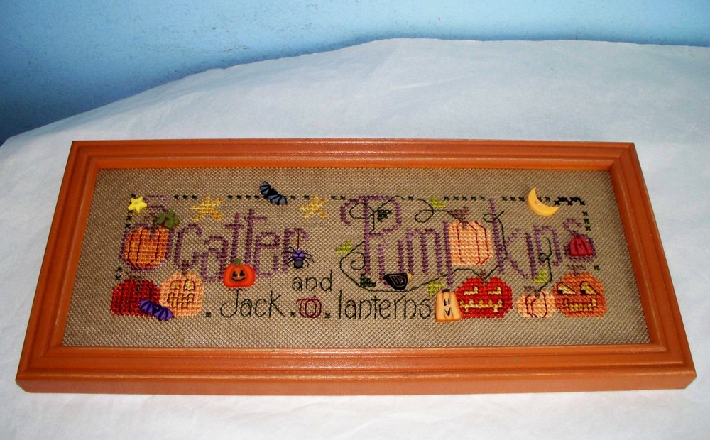 SHEPHERD'S BUSH SCATTER PUMPKINS CROSS STITCH FRAMED PICTURE FALL THANKSGIVING