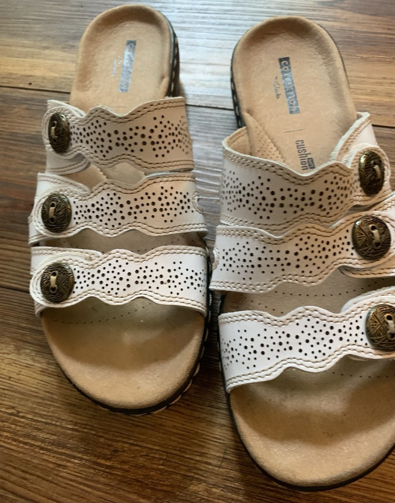 Clarks Leisa Grace Womens Size 8 White Leather Perforated Slide Sandals