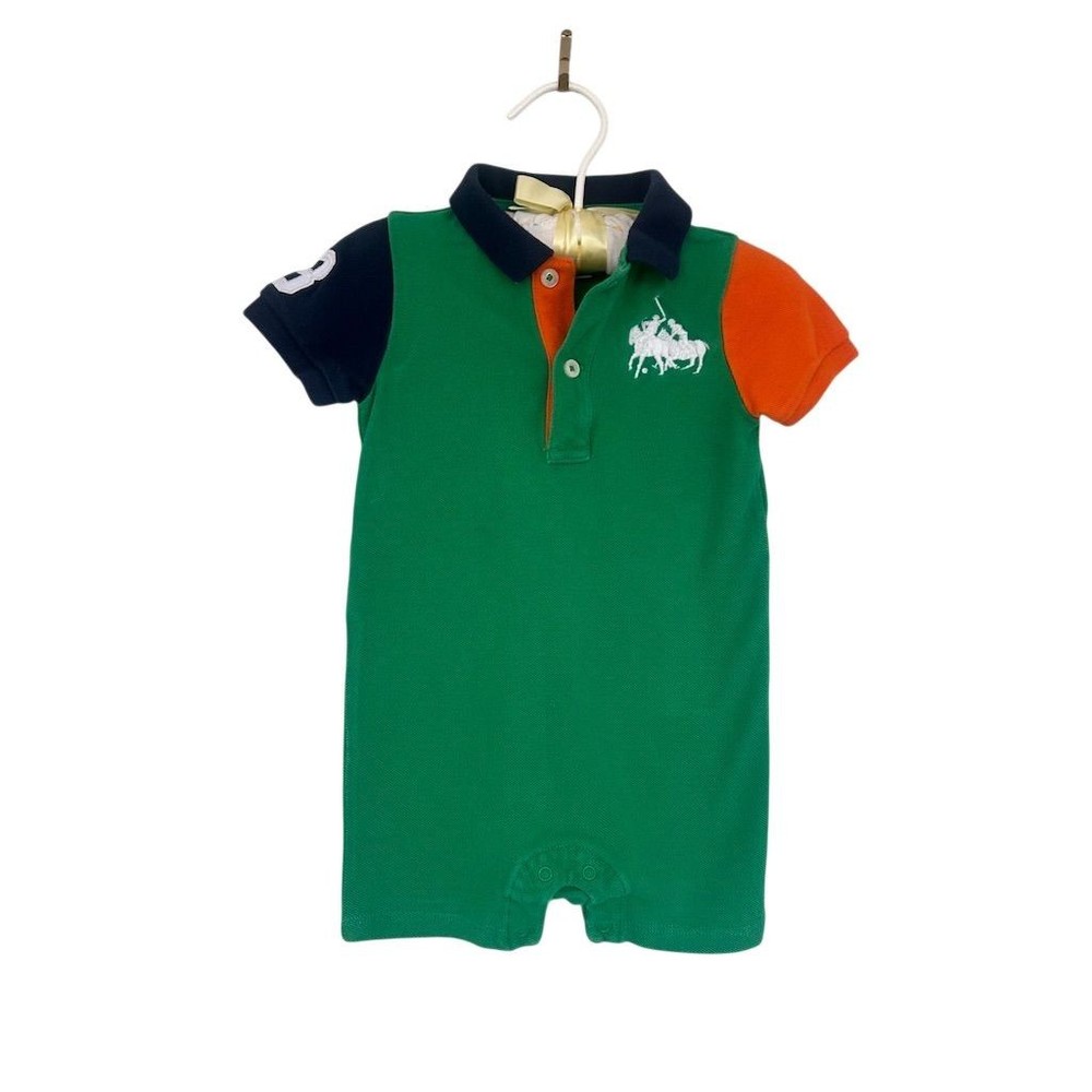Ralph Lauren Polo Romper Kid 9M Green Colorblock Triple Pony Short Sleeve Cotton