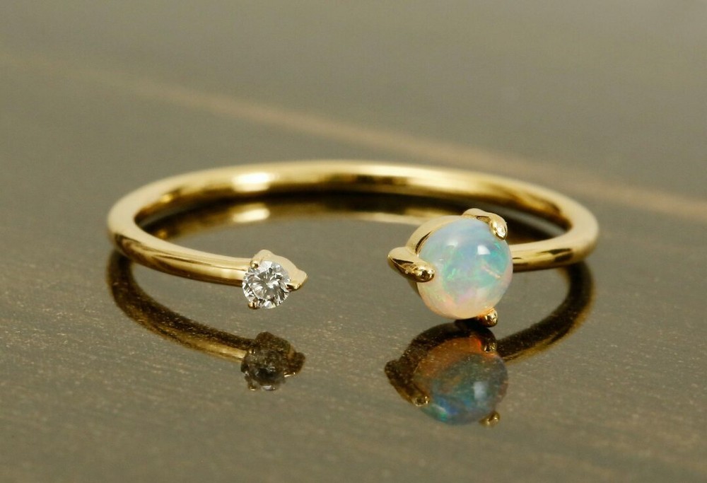 Diamond Open Ring 14k Solid Gold Opal Designer Ring Bridal Wedding Ring Gift.