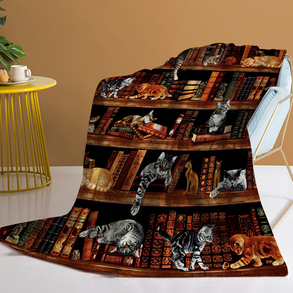 Vintage Cat Lover Flannel Blanket with Bookshelf Design for Bookworms