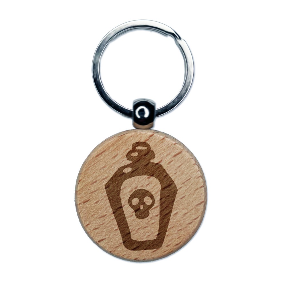 Skull Potion Poison Bottle Engraved Wood Round Keychain Tag Charm