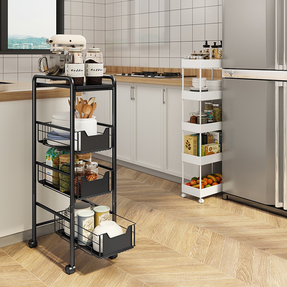 4-Tier Metal Kitchen Slim Utility Cart Trolley Storage Shelf + Slide-Out Drawers