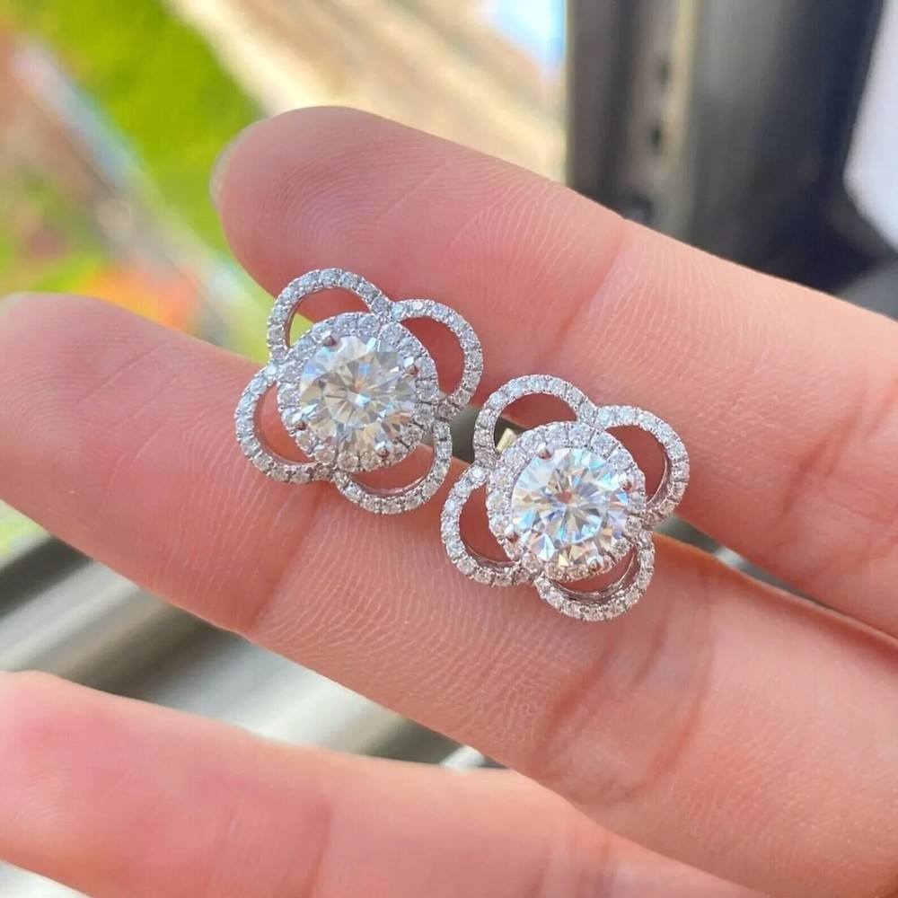 Silver 3ct Round Simulated Diamond HOLOStud 14K White Gold Plated Earrings