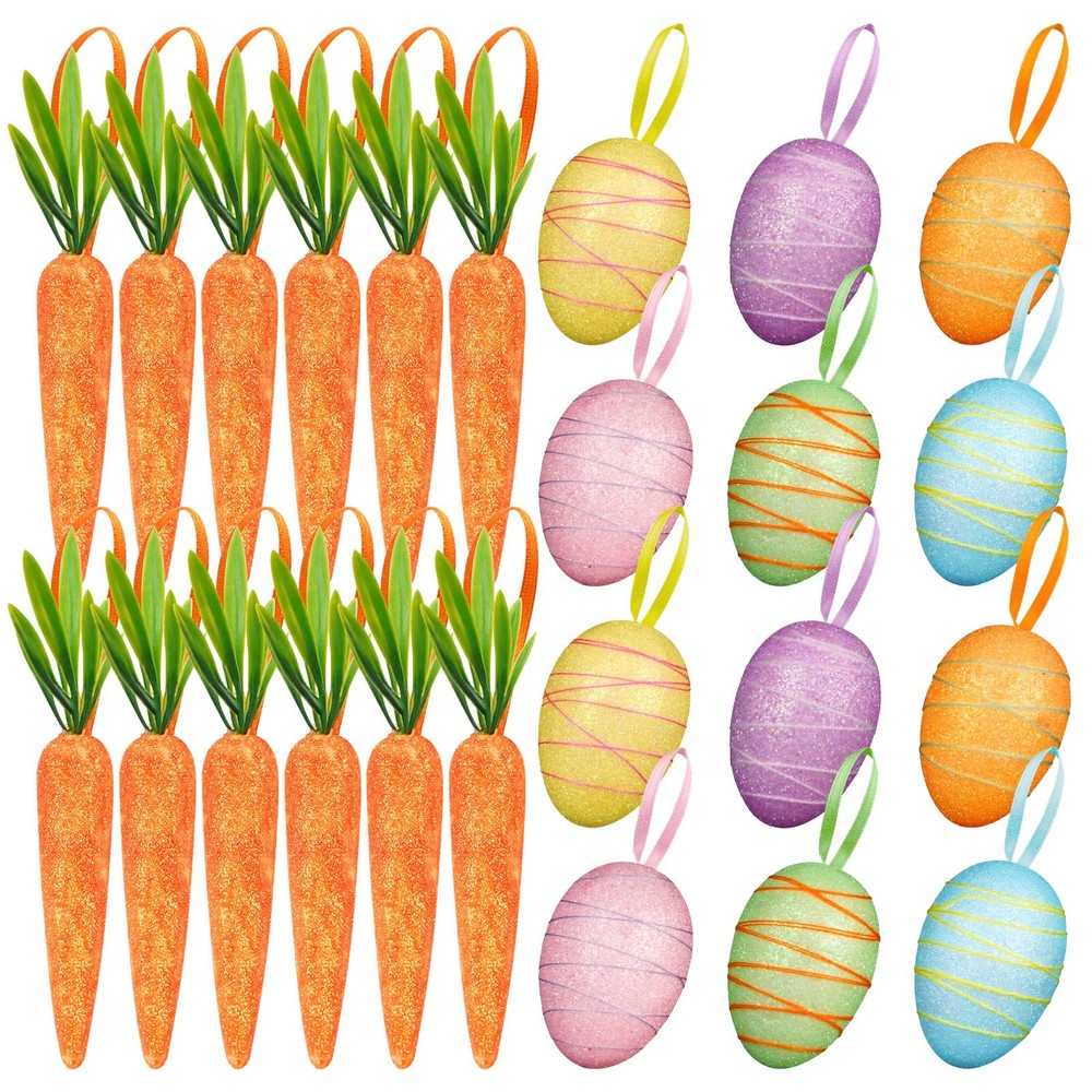 24 PCS Easter Egg Carrot Ornament, Foam Glittering Hanging Eggs Carrots for E...