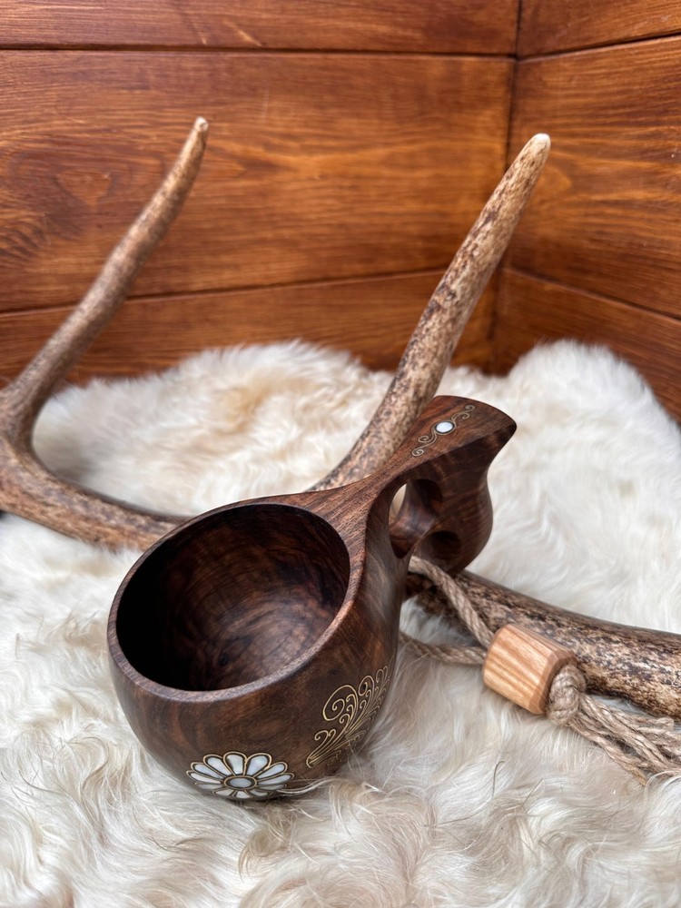 Handcarved Black Walnut Kuksa: Mother of Pearl Inlay, Bushcraft Mug