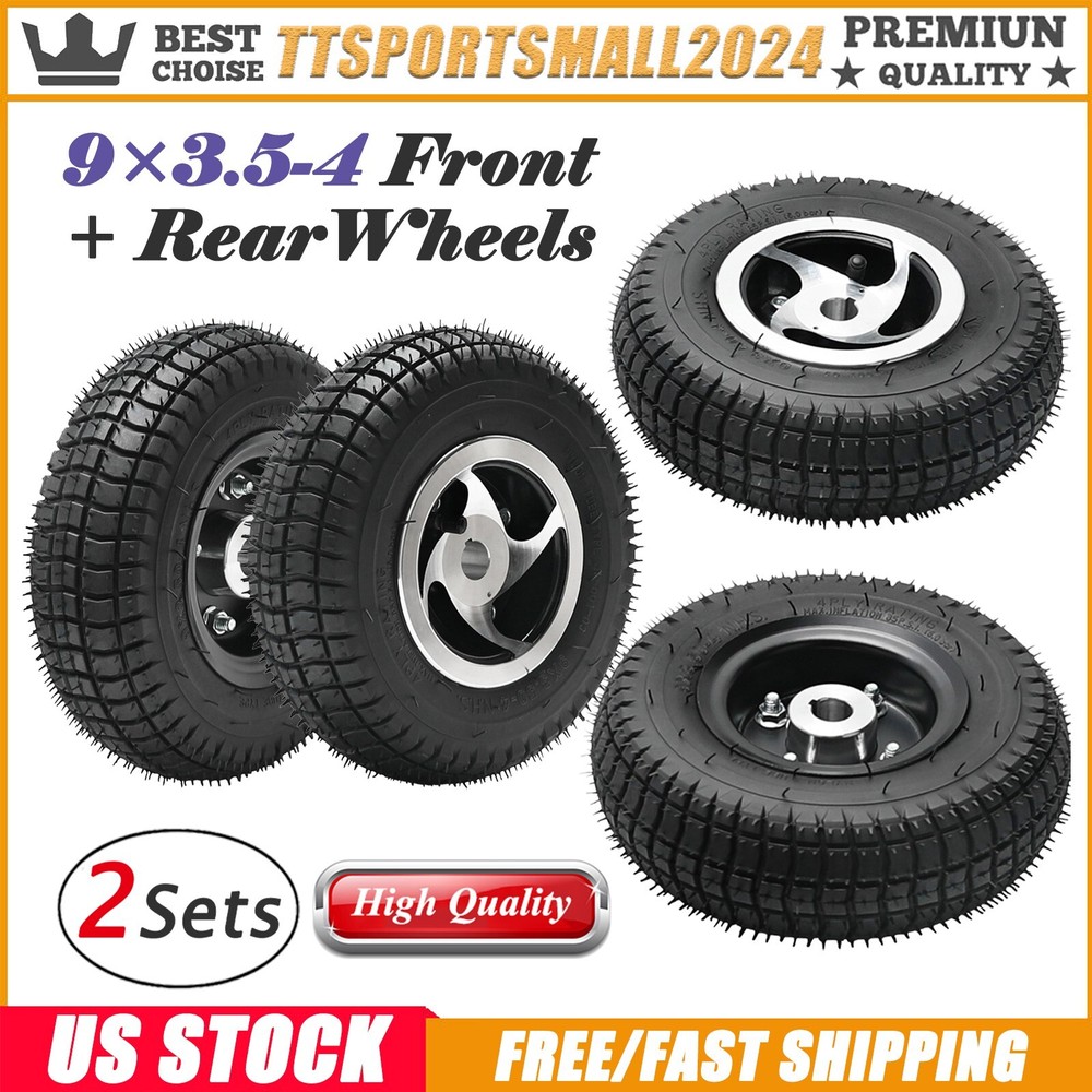 2 Sets Front + Rear Wheel 9x3.50-4 Tire Rim For Turntable Trolley Mini ATV Mower