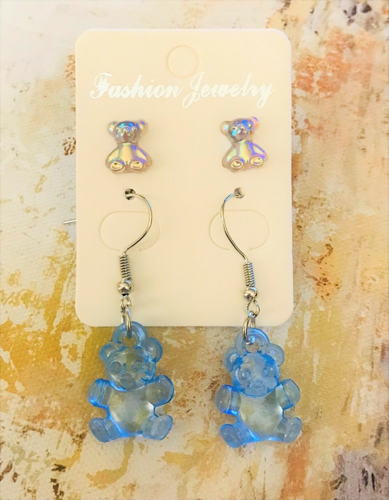 Back to School Blue Stud and Hook Gummy Bear Earrings 🌴