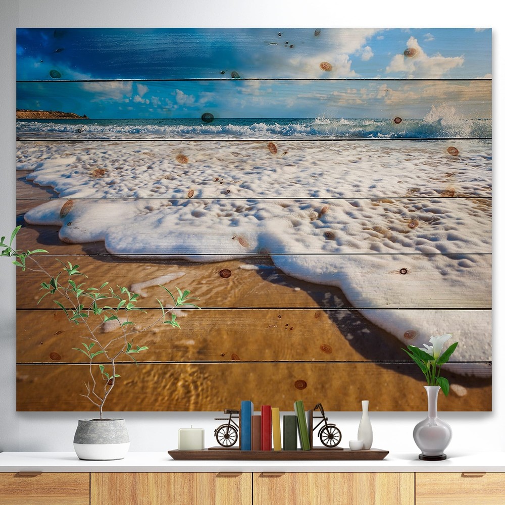 Designart 'Foaming Ocean Waves On Sand' Nautical & Coastal Wood Wall Art Décor