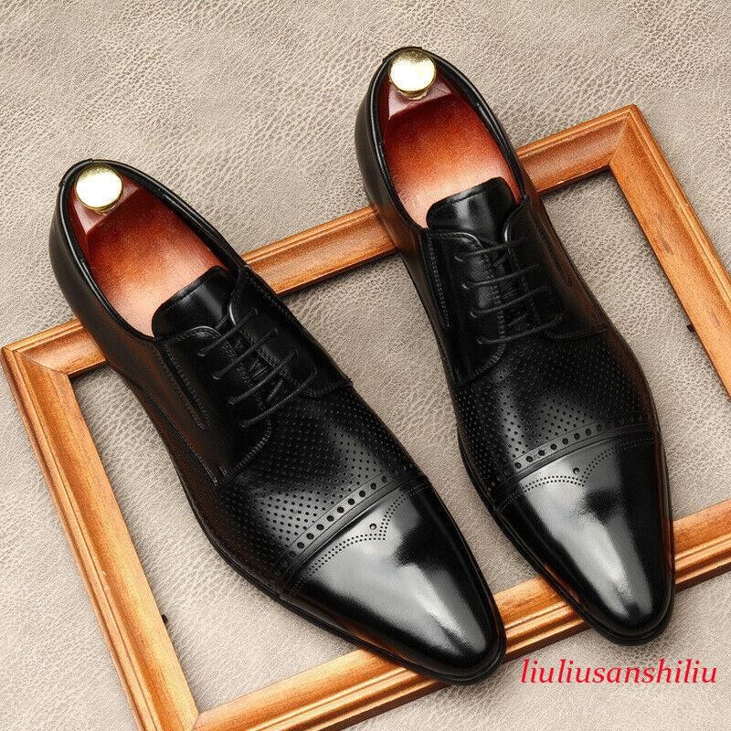 Mens Real Leather Pointy Toe Shoes Dress Formal Lace Up Wedding Shoes