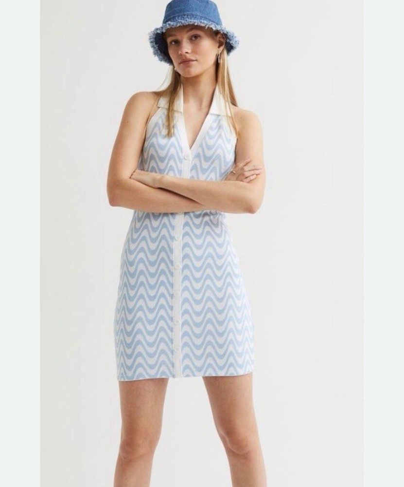 H&M DIVIDED collar Halterneck white /baby blue knit open back mini Dress XS