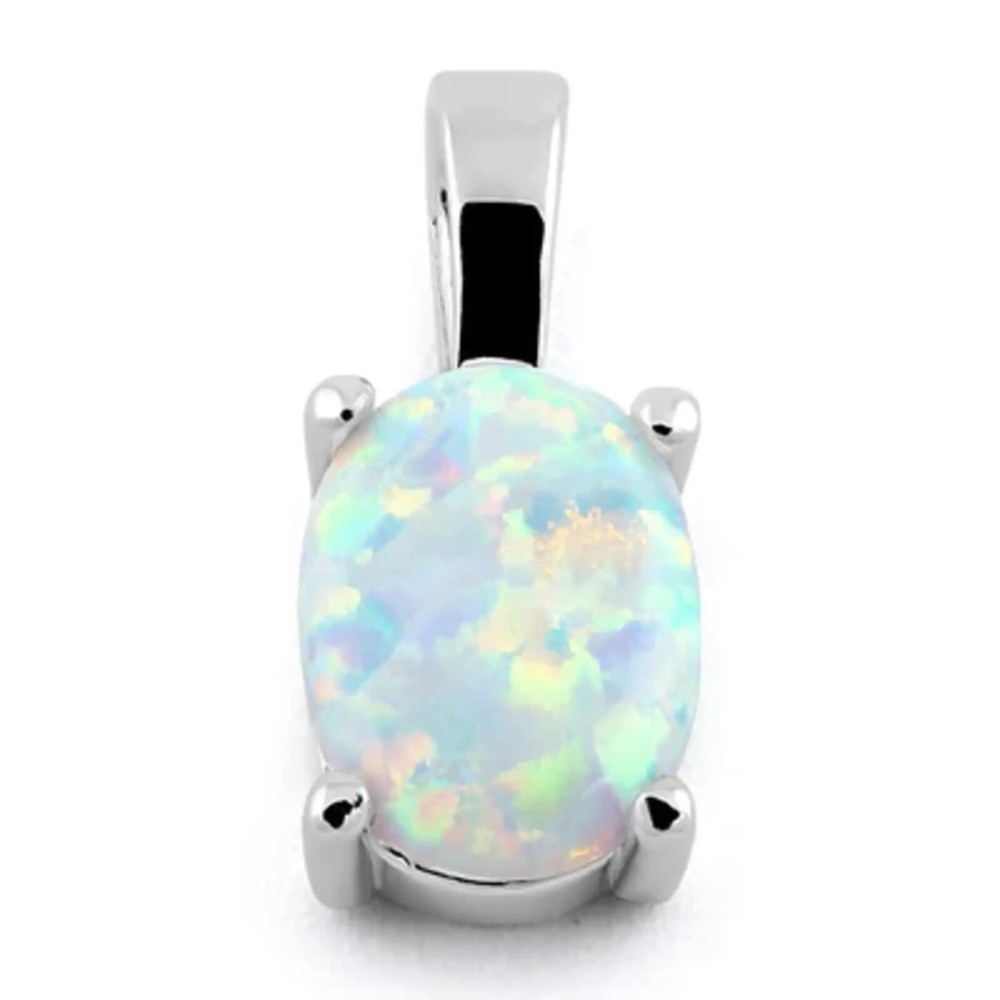 Oval Shape White Opal Pendant Necklace set in Solid Sterling Silver