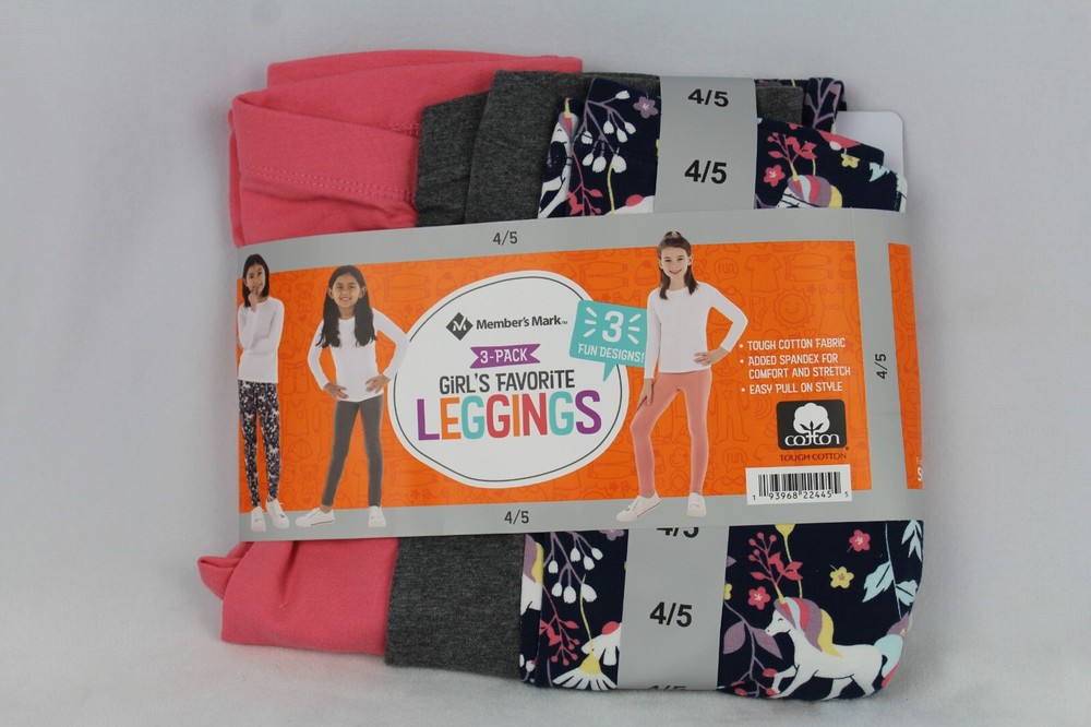 Members Mark Girls Unicorn Print Leggings 3-Pack Grey Rose Sand Size 4/5