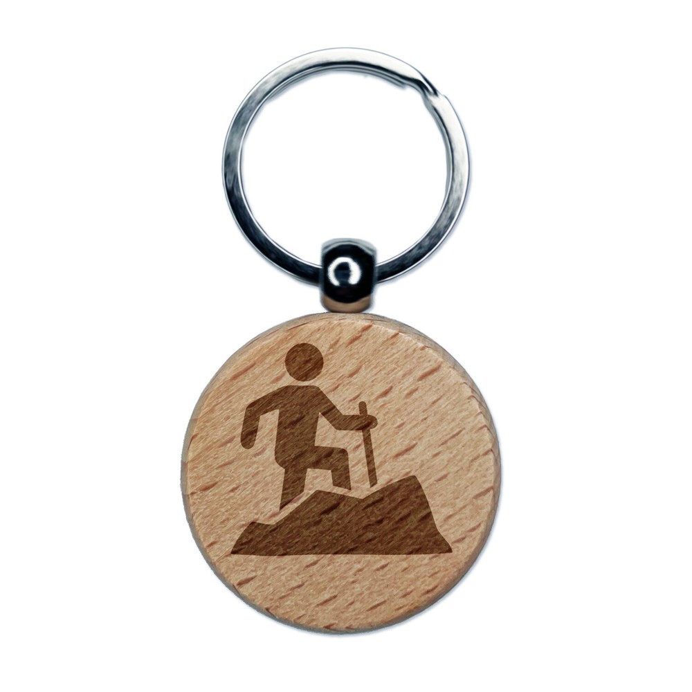Hiker Hiking up Mountain Icon Engraved Wood Round Keychain Tag Charm