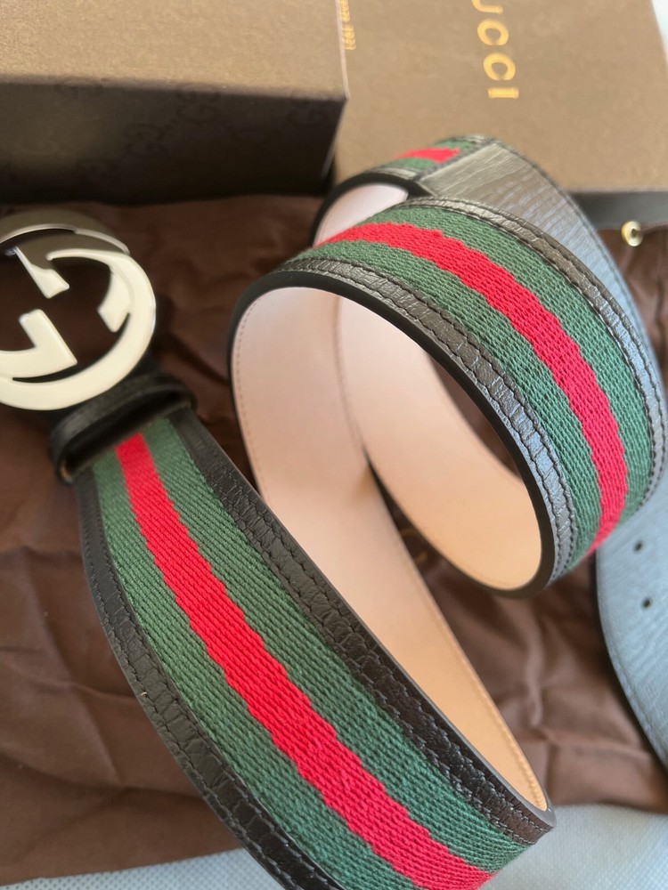 Gucci GG Silver Buckle Web Belt in Black Green Red Size 105cm for 38W Waist