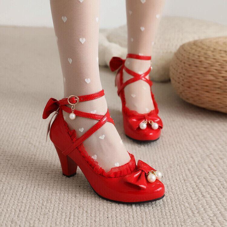 Lolita Sweet Lace Bow Ankle Strap Block Heel Shoes for Women