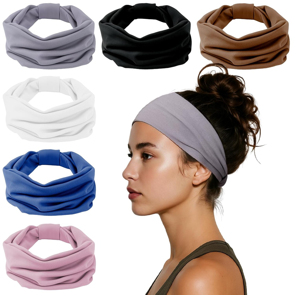 Headbands for Women, Wide Elastic Head Bands, Non-Slip Thick Hair Bands, 6-Pack