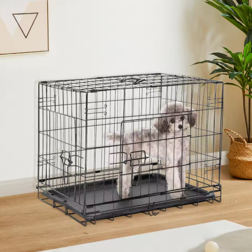 Double Door Foldable Metal Wire Dog Cage with Leak-Proof Plastic Tray-image