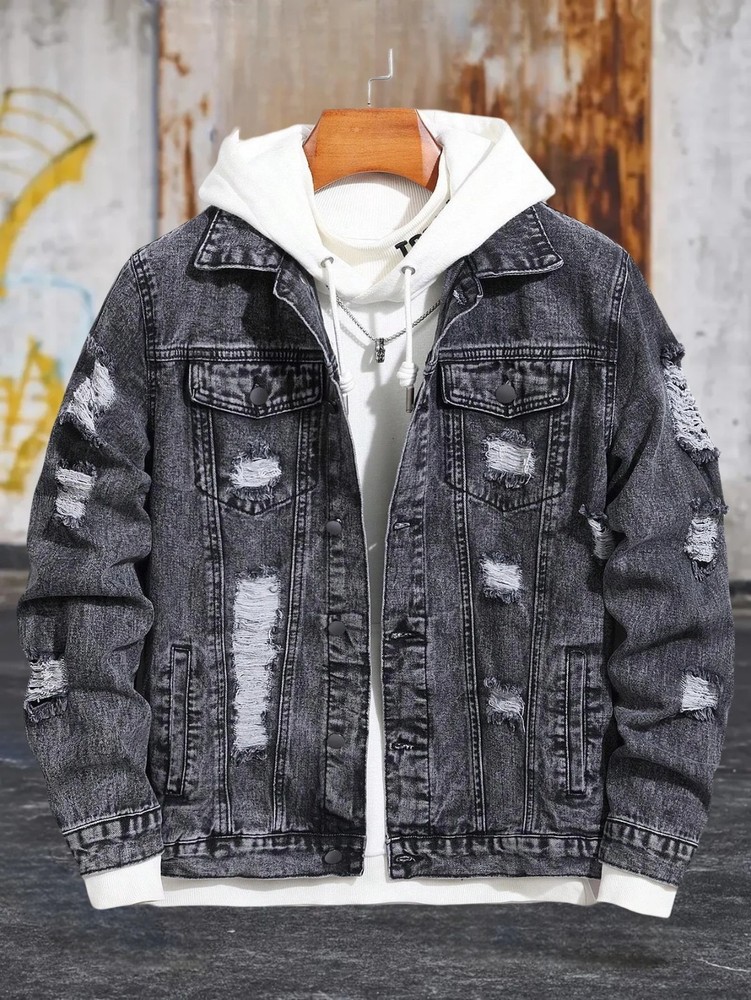 Men's Casual Distressed Denim Jacket Streetwear Rugged Stone Wash Outerwear