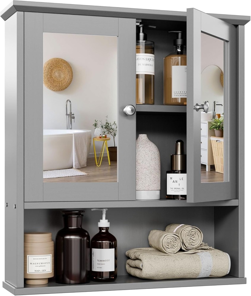 Bathroom Wall Cabinet with Mirror and Open Storage Shelf  