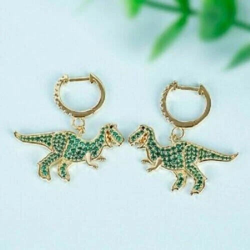 Round Cut Simulated Emerald Dangle Earrings in 14K Gold Plated