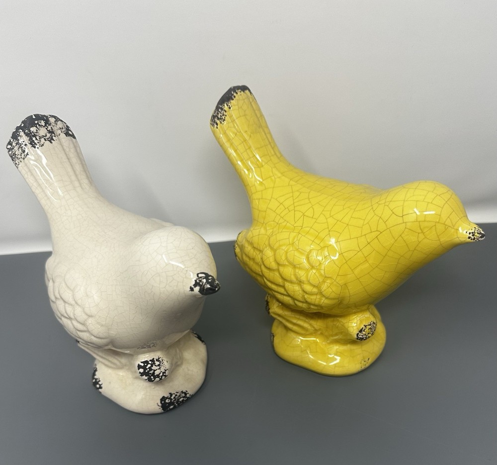 2B Set of 2 Crackle-Finish Ceramic Birds in Yellow & White 6 Inch