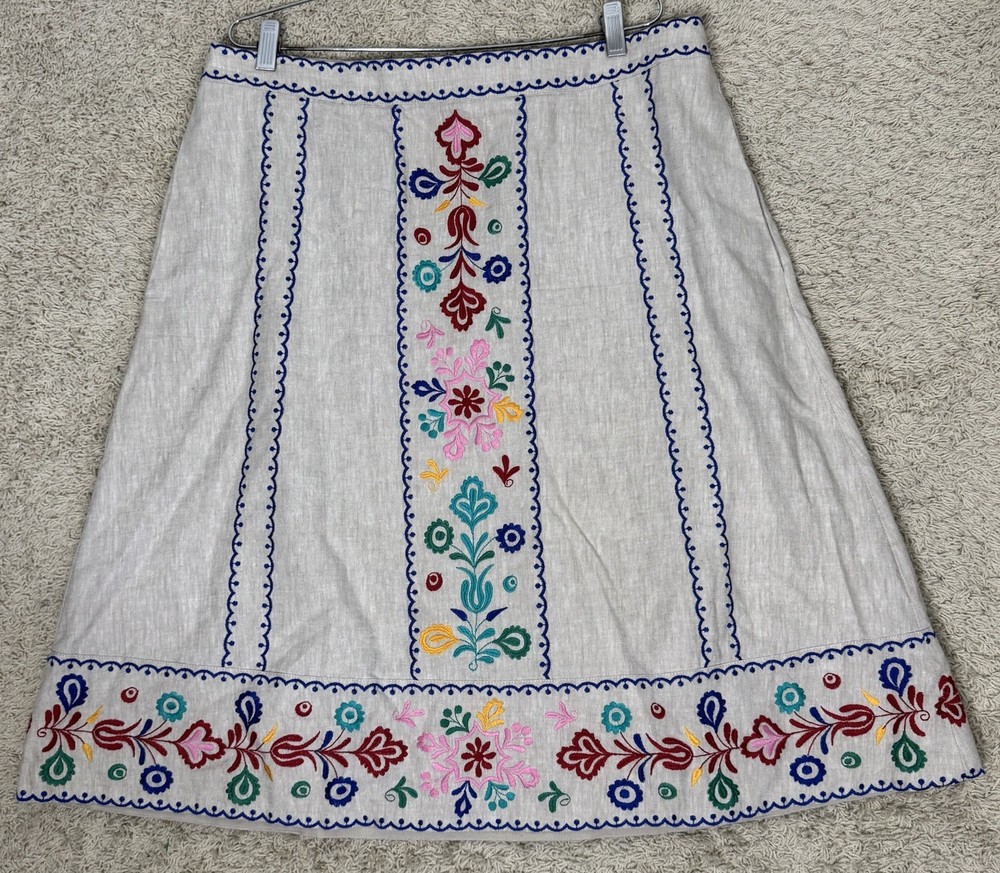 Boden Brooke Linen Floral Embroidered A Line Skirt Size 14 Folksy Boho Pockets