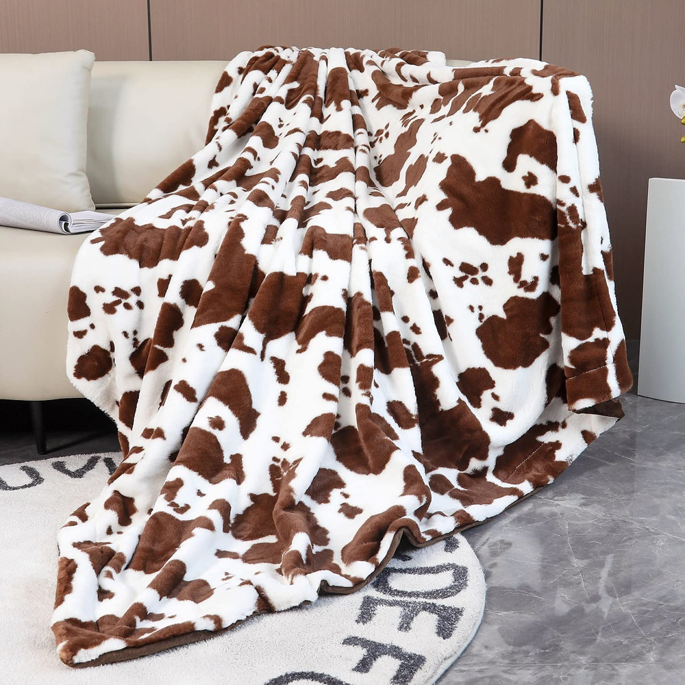 Cow Print Blanket for Sofa Couch Double Sided Flannel Animal Design Brown Throw
