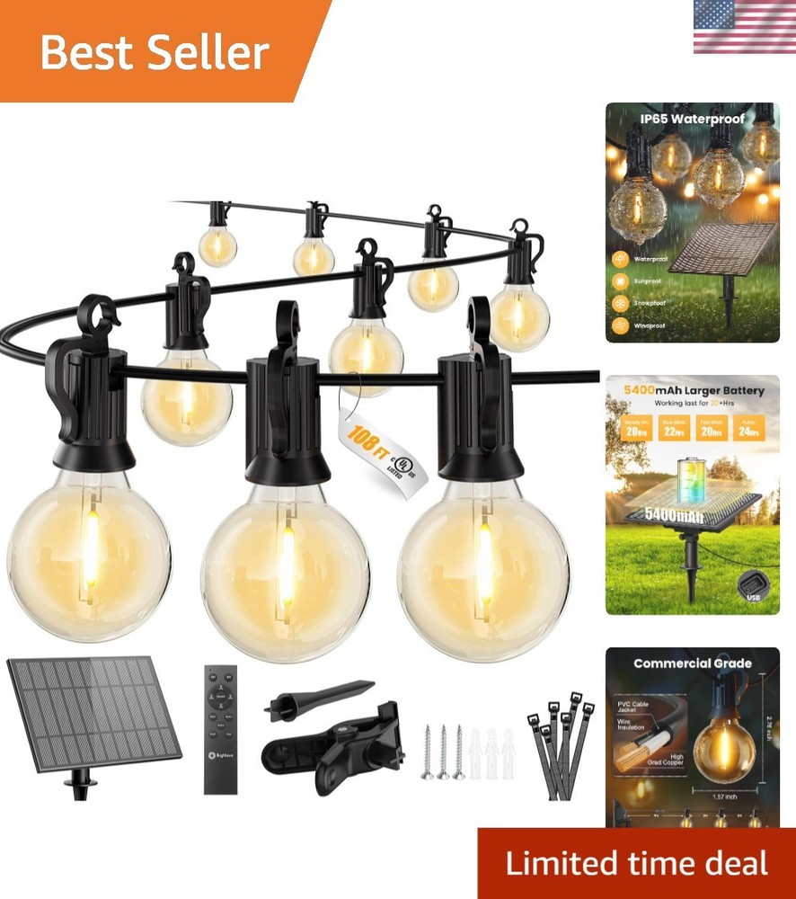108FT Solar LED String Lights with Remote - 52 Shatterproof Dimmable Bulbs for Outdoor Decor