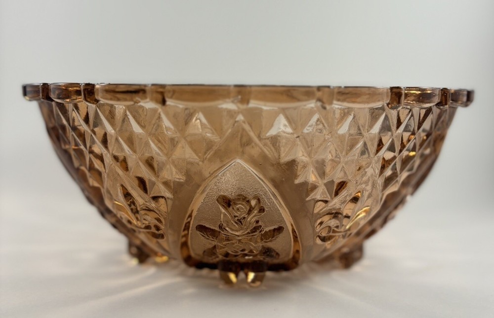 KIG Indonesia Large Pink Diamond Cut Rose Fleur de Lis Footed Glass Bowl