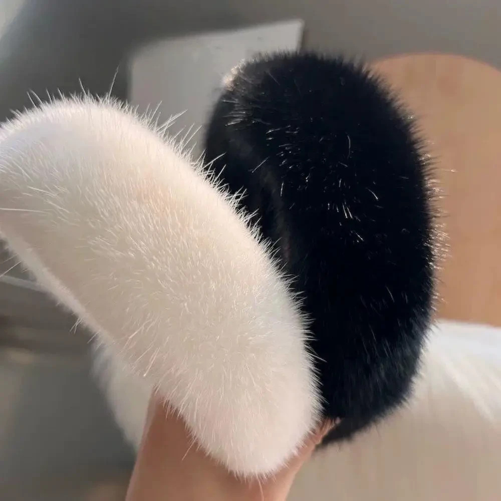 Autumn Winter Mink Fur Headband for Women, Fluffy Plush Thick Hair Band