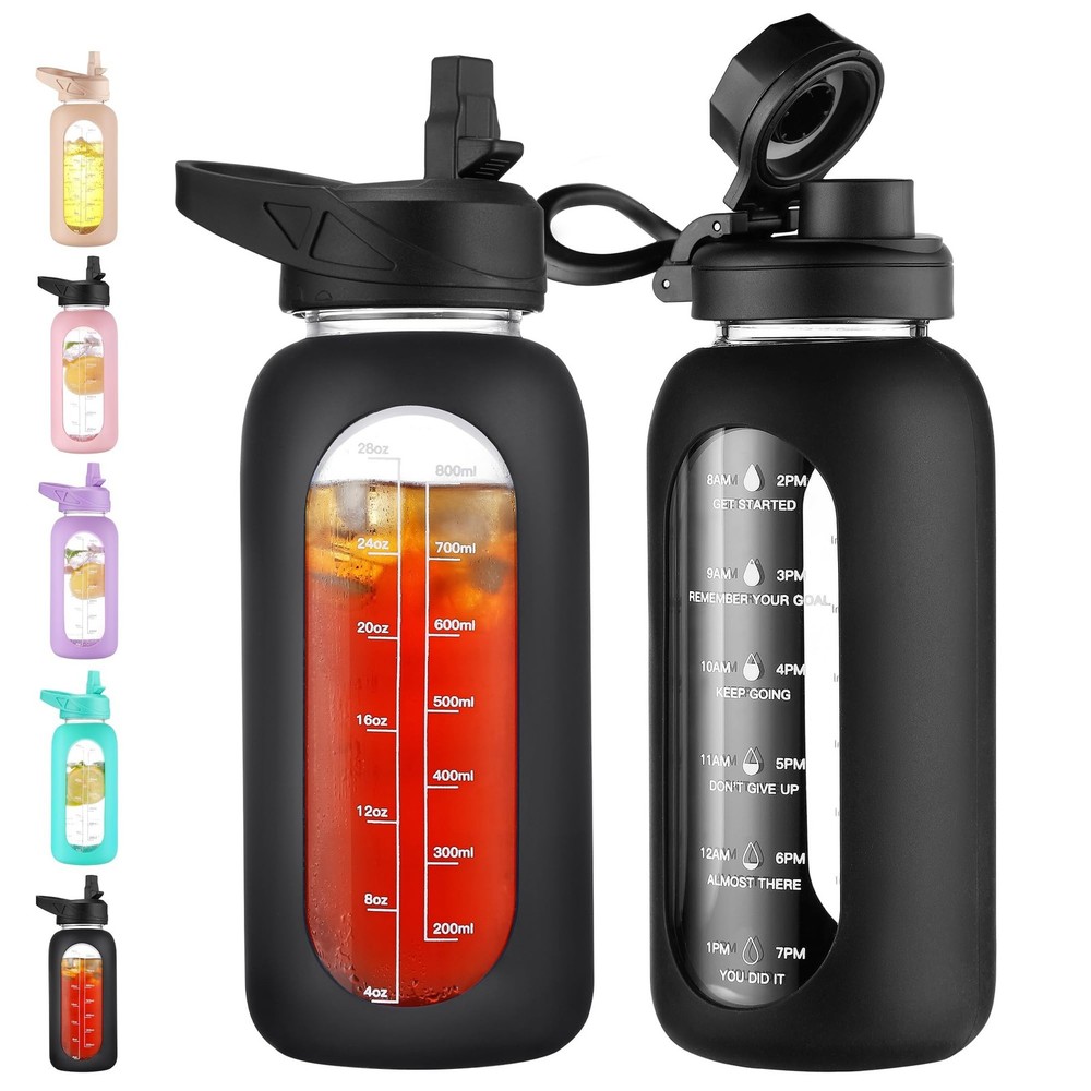 CIVAGO 32 oz Glass Water Bottle with Straw and Handle, Large Sports Motivatio...