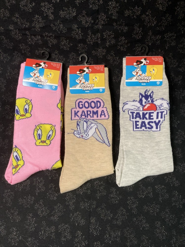 3 Pairs Looney Tune Unisex Crew Shoe Size 6.5 - 12 Tweety Sylvester & Bugs Bunny