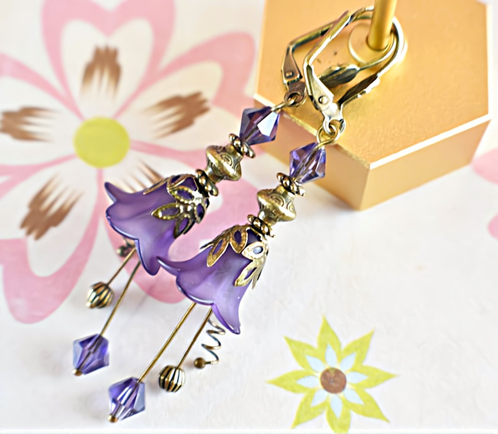 Vintage Victorian Style Purple Velvet and Antique Bronze Bell Flower Lucite Earr