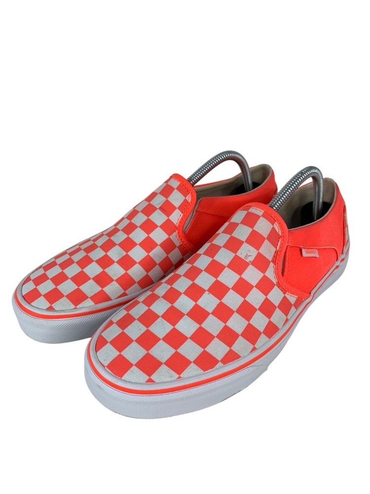 Vans Womens Checkerboard Slip-On Shoes Size 11 Orange & White Canvas Sneakers