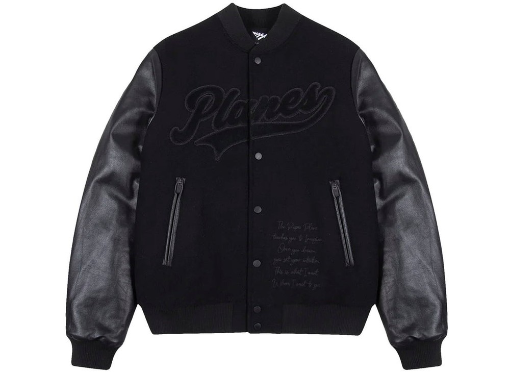 Men's Triple Black Wool & Leather Varsity Jacket with Full Snap Closure