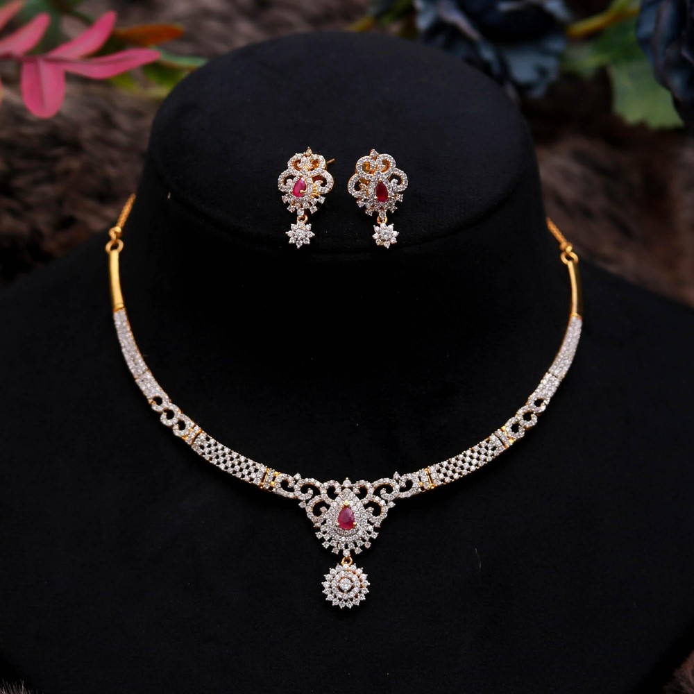 Red Ruby Floral Design Necklace Earrings Set, Gold Plated Handmade Jewelry Gift
