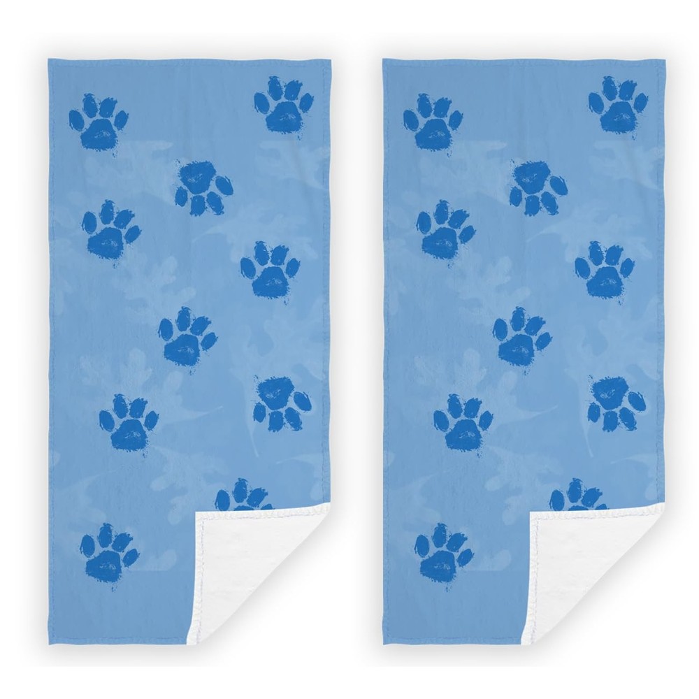 2 PCS Cat Dog Paw Hand Towels Lovely Animals Paw Prints Blue Soft Microfiber ...