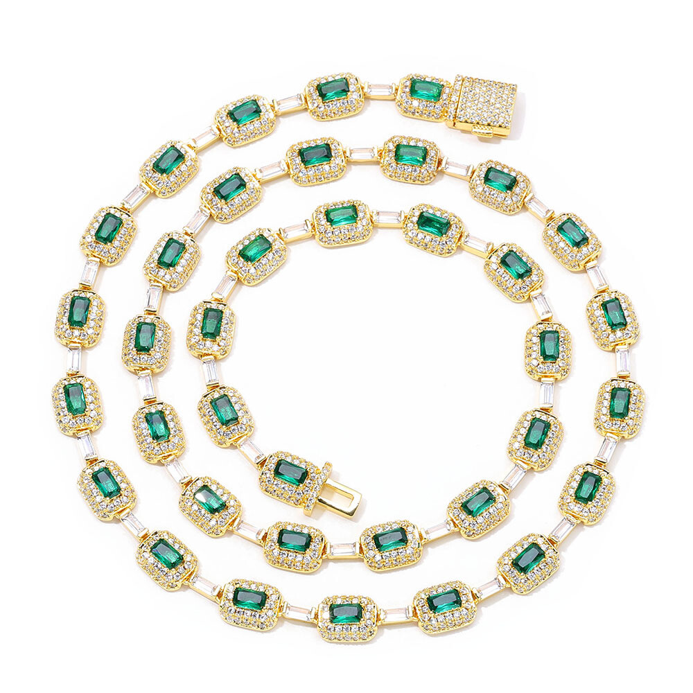 Hip Hop Emerald Zircon Tennis Chain Necklace and Bracelet Set for Women