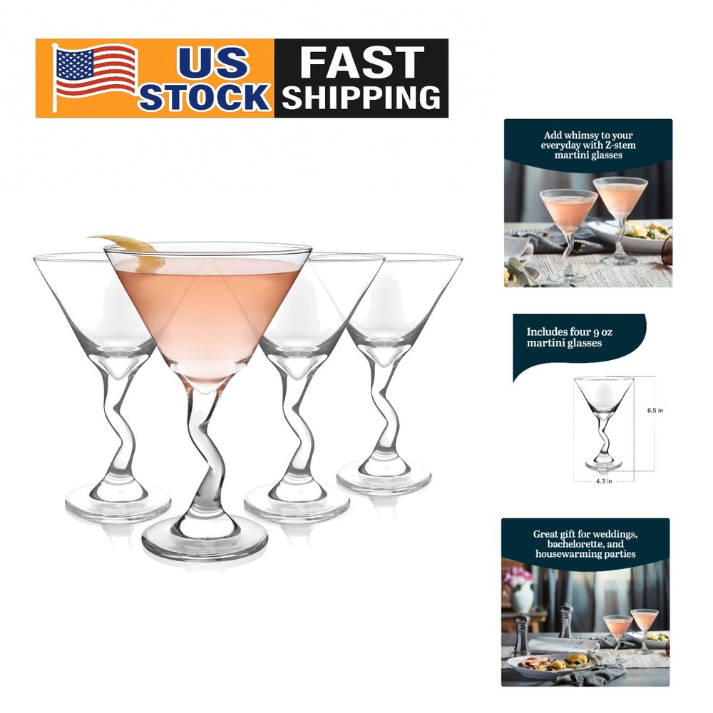 Z-Shaped Stem Martini Glasses Set of 4 - Lead-Free Cocktail Glassware