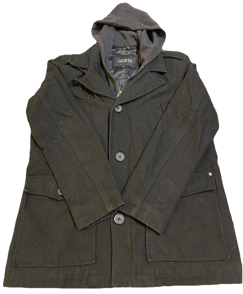Men's Medium Guess Wool Peacoat with Hood - Full Zip & Button Closure