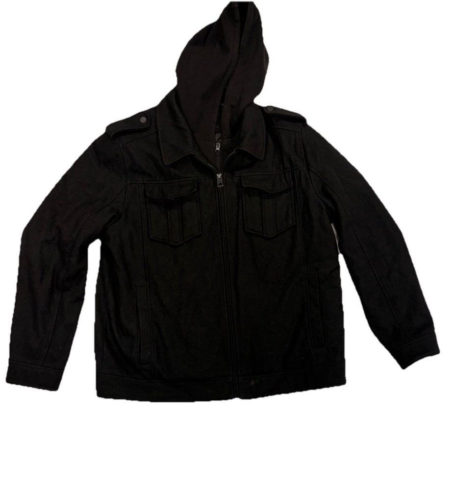 Guess Wool Coat Jacket Medium Black Full Zip Hooded Collared Epaulet Lined