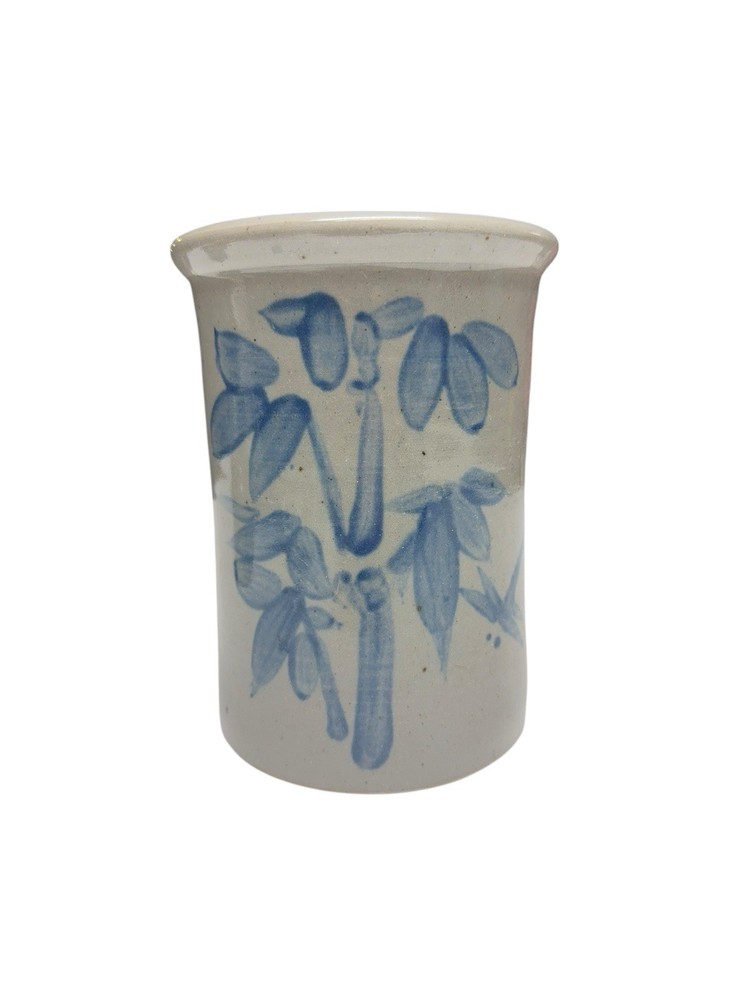 Farmhouse Blue Floral Stoneware Utensil Crock Pottery Vase Rustic