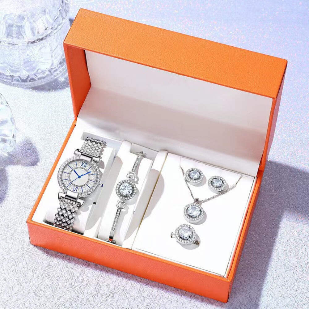 Glamorous Five-Piece Women's Fashion Watch Set with Diamond Roman Numerals