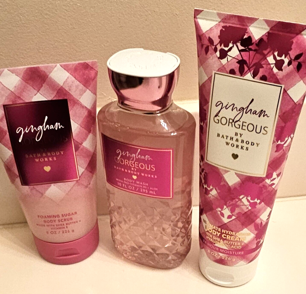 3 Piece Bath &Body Works Gingham Gorgeous Scented Body Cream, Shower Gel,& Scrub
