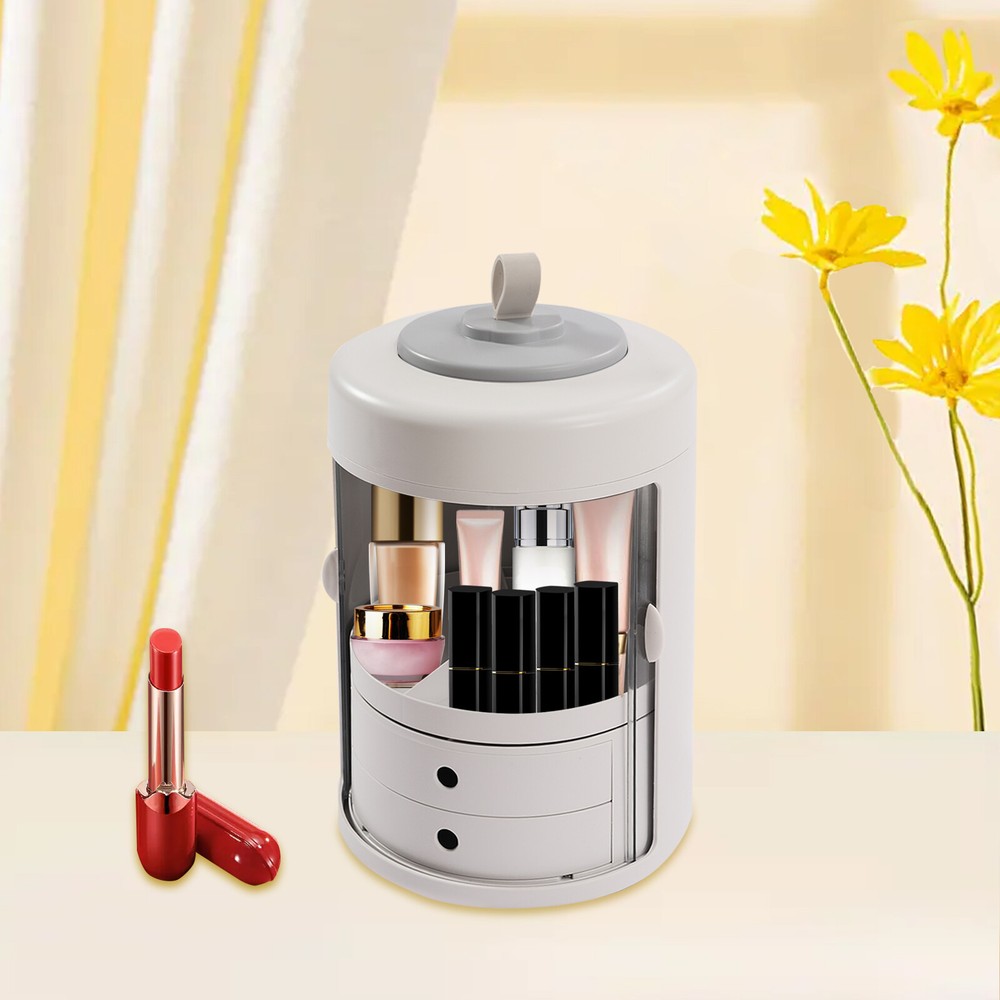 Rotating 2-Drawer Makeup Organizer Tabletop Storage Display Case
