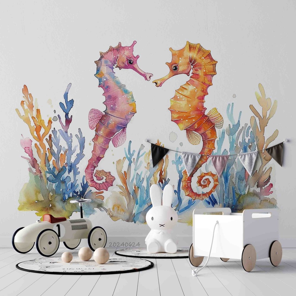 3D Seahorse Coral Watercolor Wall Murals Wallpaper Murals Wall Sticker 9
